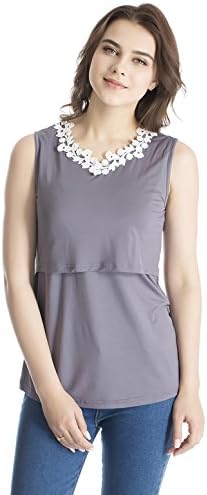 Modern Mummy Women's Lace Sleeveless Nursing Maternity Pregnant Breastfeeding Tank Tops Darkgray X-Large