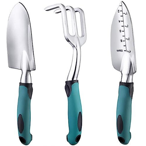 LZXLXS Gartengeräte-Set, 3 Stück Aluminium Heavy Duty Gartengeräte enthalten Handkelle, Transplantation Kelle und Hand Harke, gummierte Anti-Rutsch-Griff, Garten Geschenke für Männer Frauen (Blau)
