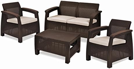 Conjunto de jardim externo keter corfu, 4 lugares e mesa com almofadas incluídas, resina com acabamento de vime plano, marrom