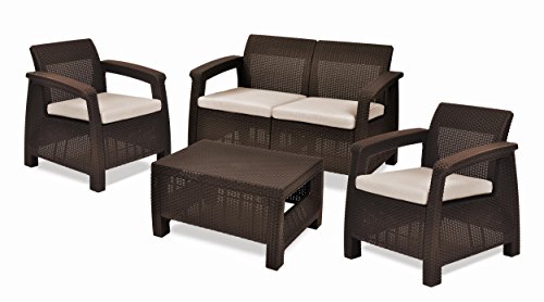 Corfu Conjunto de jardín Exterior 4 plazas y Mesa con Cojines incluidos, Resina con Acabado ratán Plano, Marrón