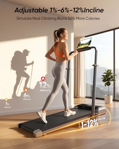 Acezoe Foldable Walking Pad with 12% Incline & Height-Adjustable Handlebar, 5-in-1 Under Desk Treadmill for Home & Office, Portable Tapis Roulant with Remote Control, APP & LED Display