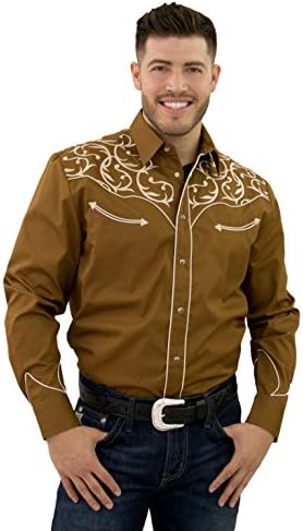 STARR Men's Embroidered Western Snap Cowboy Shirt by Exclusive Scroll Design | Smile Pockets | Trim Fit SHC003-PECAN-Size-L
