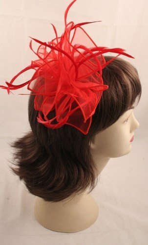 Large Red looped fabric and Feather Fascinator on a clear comb.