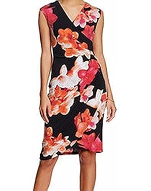 Womens Printed V-Neck Sheath Dress Black 10