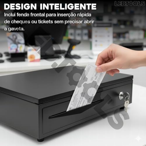 Caixa de Dinheiro Gaveta Registradora Preta Noteiro Moedeiro Abertura Automática e Manual com Chave Reforçada