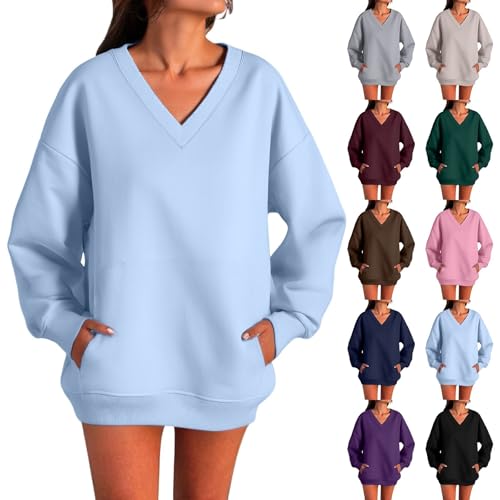 Womens Sweatshirt with Kanga Pocket Oversized Autumn Winter Sweashirts Ladies Long Sleeve V-Neck Sweatshirt Plain Comfy Casual Pullover Tops