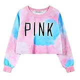 Voglee Women's Colorful Tie Dye and Pink Letters Print Midriff Crop Sweatshirt (M, Pink)