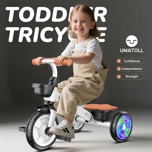 Umatoll Tricycle for Toddler 2-5 Year Old, Toddler Bike Outdoor Toys with Adjustable Seat&Light-Up Wheels, Birthday Gift for Boys Girls Ages 2–4 (White)