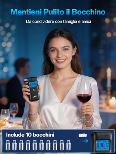 Alcohol Test Portable Breathalyser Certificate: High Precision Alcohol Test with Rapid Sensor and 10 Mouthpieces – Digital Breathalyzer with Blue LCD Display Reusable for Personal and Family Use