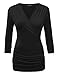 LL WT1255 Women's Deep V Neck 3/4 Sleeve Slim Fitted T-Shirt Casual Cross Surplice Wrap Tops XXXL Black