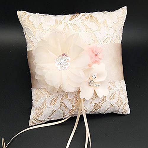 Aisheny 1Pc Floral Lace Ring Pillows, Bridal Wedding Ceremony Pocket Bearer Cushion Pillow Cushion with Ribbon (Color : Beige)