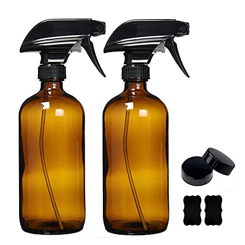 Afufu Amber Glass Spray Bottle, Refillable Container with Trigger Sprayer/Labels, Empty Spray Bottle for Cleaning, Essential Oil, Hair, Plant (2 x 500ml)