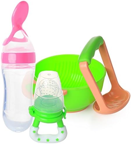 Baby Healthy Food Feeding – Squeeze Feeding Spoon Dispenser | Feeder Teether Nibbler | PLUS Fresh Food Masher Feeding Bowl by PomPerfect (Pink)
