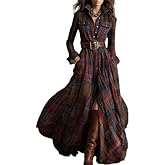 Womens Plaid Button Down Maxi Shirt Dress Vintage Western Long Sleeve V Neck Belt Dresses with Pockets for Women