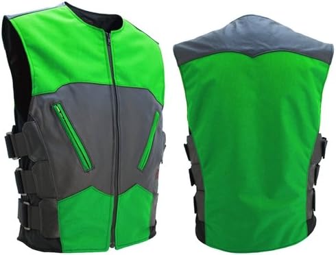 Made In USA Lightweight Bulletproof Style Leather and Cordura Motorcycle Vest L/XL Tall Lime Green