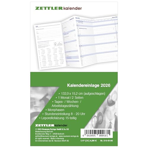 Zettler Inserto di ricambio per calendario TP 1M/2S Leporello 2026 – Calendario di ricambio 9 × 15 cm per agenda tascabile tipo 510, 1 mese su 2 pagine, 15 pezzi, piegatura leporella, festività