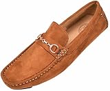Amali Mens Casual Driving Moccasin Loafer in Cognac Microfiber With Gold Chain Ornament: Style Ecker Cognac-215