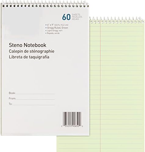 MyOfficeInnovations 3254210 Steno Notebook Gregg Ruled 60 Sheets 6"x9" Green