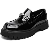 XENTORD Men's Patent Leather Platform Loafers Comfort Non-Slip Lug Sole Slip-On Dress Shoes with Metal Horsebit Detail for Business Office & Casual