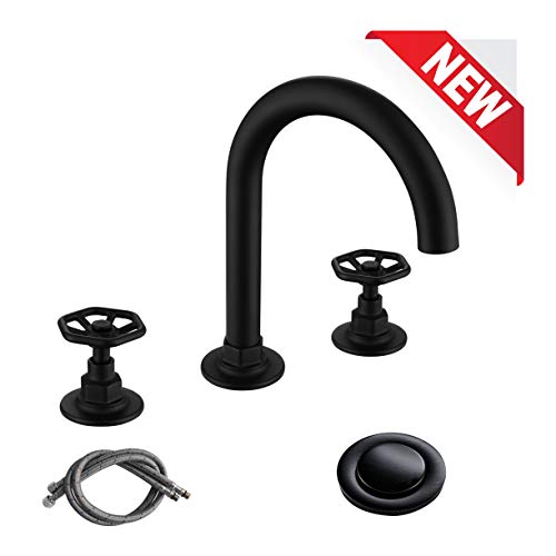 RKF Solid Brass Two Handle Widespread Bathroom Sink Faucet with Metal Pop-up Drain with overflow and CUPC Faucet Supply Hoses,Matte Black,CWF026-MB