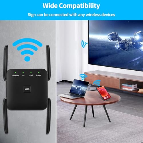 Dual-Band Gigabit WiFi Signal Extender, Features 1200Mbps High-Speed Wall-Penetrating 5G/2.4GHz Wireless Repeaters,Four Antennas Enhance Wireless Signal for 360° Coverage