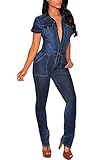 FARYSAYS Women's Sexy Short Sleeve Button Down Denim Jumpsuit Rompers Large