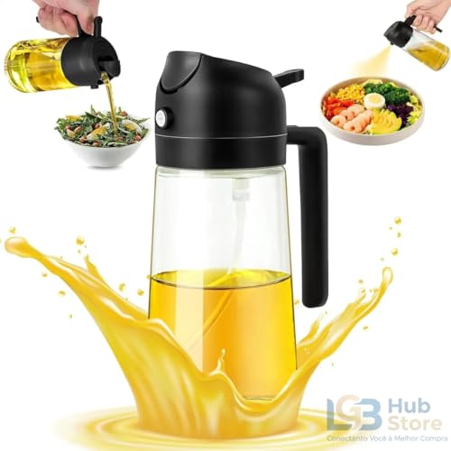 Garrafa Spray de Azeite 2 em 1 470ml – Pulverizador e Dosador para Óleo e Vinagre, Dispensador de Azeite em Vidro Premium para Air Fryer, Saladas, Churrasco e Cozinha (Preto)