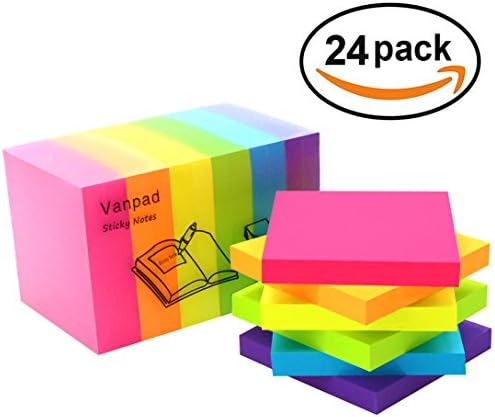 (24 Pack) Sticky Notes, Assorted Stickies of 3 in x 3 in, 100 Sheets/Pack