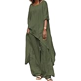 Zhyaj 2 Piece Cotton Set for Women Long Sleeve Irregular Pullover Linen Shirt Fall Casual Wide Leg Pants Suit