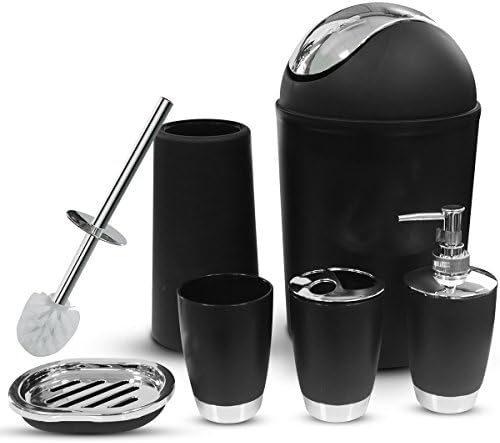 RGUSEN Black Bathroom Accessories Sets Complete,6 Piece Luxury Bath Accessories Sets by, Lotion Dispenser,Toothbrush Holder, Bathroom Tumblers, Soap Dish, Trash Can, Toilet Brush Set