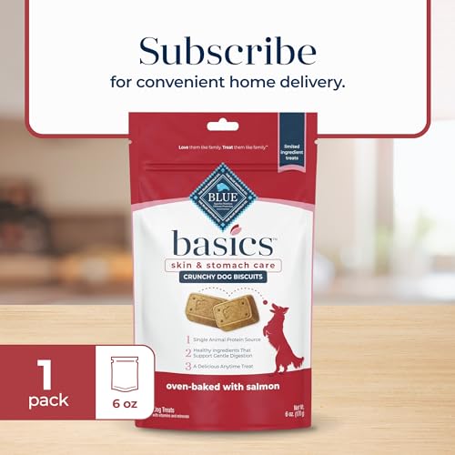 BLUE BUFFALO BASICS CRUNCHY DOG BISCUITS FOR SKIN & STOMACH CARE, LIMITED INGREDIENT DIET DOG TREATS, SALMON & POTATO RECIPE, 6-OZ. BAG
