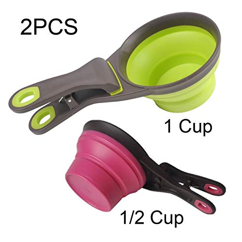 Acronde Collapsible Pet Scoop Silicone Measuring Cups Set Sealing Clip 3 in 1 Multi-Function Scoop Bowls Bag Clip for Dog Cat Food Water Set of 2 (1 Cup & 1/2 Cup Capacity)