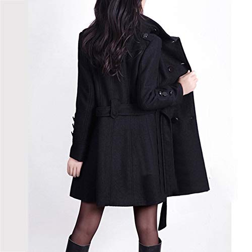 Sunward Women's Winter Double Breasted Wool Blend Long Pea Coat with Belt (M, Black) - Thumbnail 2