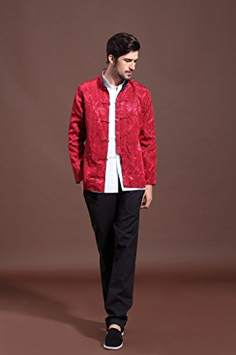 Mens Chinese Kung Fu Long Sleeve Silk Tang Jacket Double Sided Red Black - Image 2