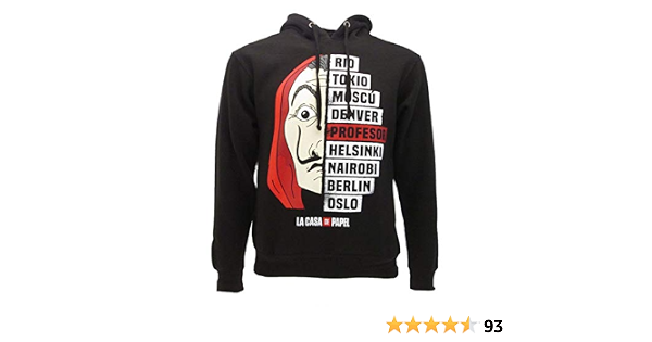 Casa de Papel - Sudadera con Capucha Negra Impresión Frontal Professor \u0026  Co. - Producto Oficial Original Serie de TV : Amazon.es