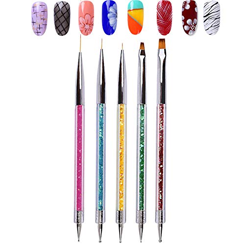 Kalolary 5PCS Nail Art Point Drill Drawing Brush Pen Manicure Care Tool Dual-Ended Acrylic Nail Art Liner Brushes Nail Art Design Dotting Pen Tools Nails Art Tips Design Set for Home DIY and Salon - Thumbnail 7