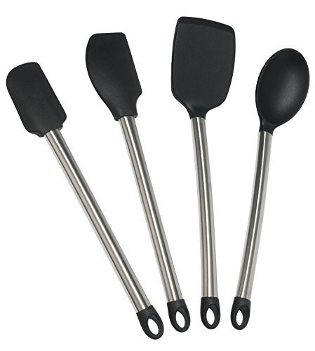 Elite Kitchenware™ Stainless Steel Kitchen Utensil Set - 4 Piece Silicone Cooking Utensils with Large & Small Spatulas, Serving Spoon & Turner Flipper Spatula - Spatula Set