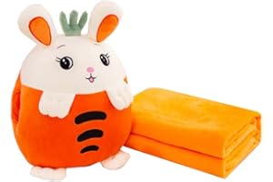 YUDONG Kids Stuffed Animal Travel Blanket and Pillow Set, Adorable 3 in 1 Multifunctional Fruit Plush Pillow with Hand Warmer Design, Perfect for Travel, Camping, Car, Home and Office (15") (Orange)