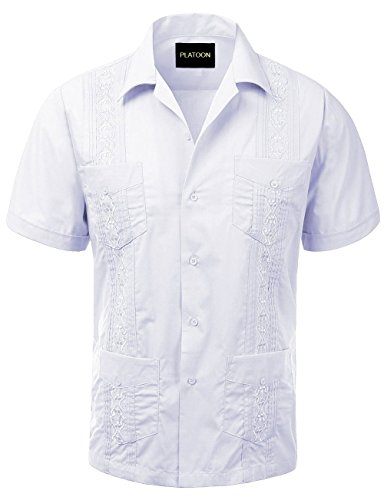 Platoon Guayabera Short Sleeve Mens Cuban Shirt Wedding Cigar Beach Bartender (L, White)