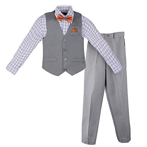 Vittorino Boys 4 Piece Suit Set with Vest Shirt Tie Pants and Hankerchief,Gray - Orange Plaid,10
