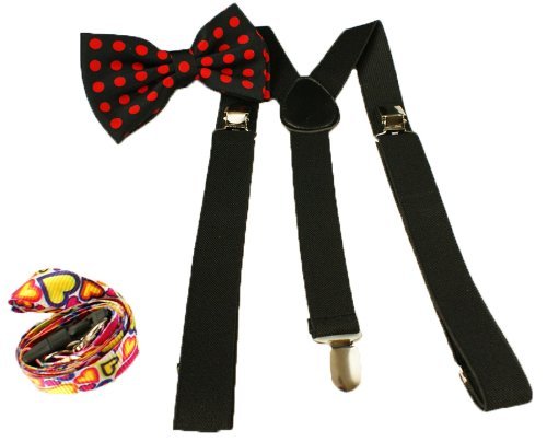 Brand New Awesome Polka Dot Red Bowtie & Black Suspender Sets