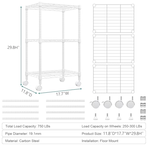 M MZG Metal Shelving Unit with 3 Levels Lockable Wheels, Load Capacity 340 kg, Adjustable Shelves for Kitchen, Bathroom, Pantry and Office, Study, White, 30 x 45 x 75 cm