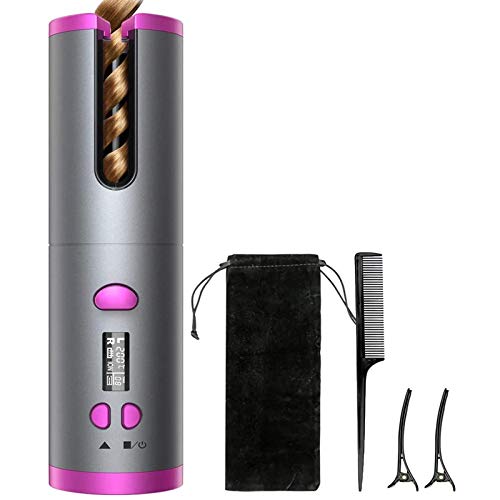 Cordless Curling Iron, USB Rechargeable Ceramic Automatic Curling Iron with LCD Display, 6 Adjustable Temperature, Auto Shut-Off,Timer Settings Intelligent Curler (Rose Red)