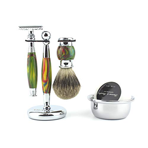 VICYUNS Luxury Grooming Shaving Set for Men Including Double-sided Razor, Allergy Shaving Soap, Stainless Steel Mirror Bowl, Hair Shaving Brush,10 Replacement Blades (Colorful)