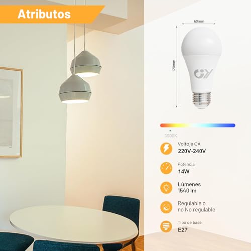 GY E27 Warm White LED Bulb 14W 3000K 1540 Lumen, A60 Low Consumption, 14W Equivalent to 100W, Non-Dimmable 12 Units