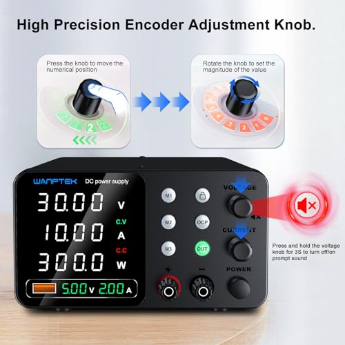 WANPTEK POWER 30V 10A Lab Power Supply with 3 Memories and Lock Key, Adjustable Stabilized Power Supply with OCP Protection/Outputs/USB Fast Charging/4 Digit LED Display