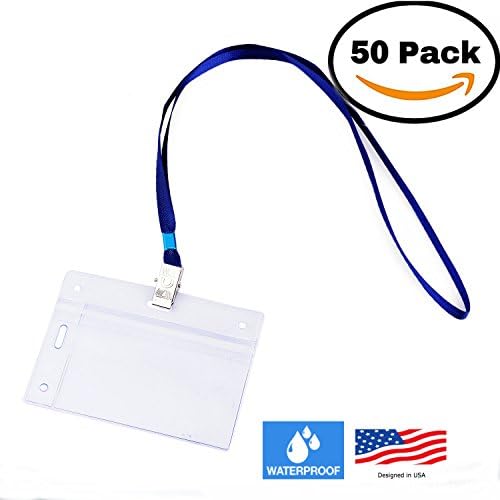 50 VERTICAL &amp; HORIZONTAL Name Tag Holders with Lanyards I Sealable Waterproof Name Badge Holders with Blue Clip Lanyards (50 SETS)