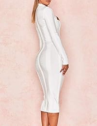 UONBOX vestido de fiesta sexy de manga larga con corte en el cuello para mujer