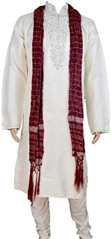 Mens Cream Jacquard Silk Kurta Pajama Salwar Kameez Sherwani Indian Outfit GR1010