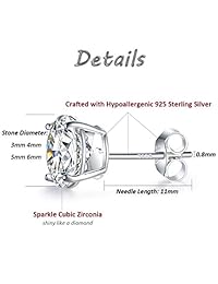MASOP - Juego de pendientes de tuerca de plata de ley de 3 a 0.315 in, circonitas cúbicas, hipoalergénicos, redondos, chapados en oro blanco de 14 quilates, con circonitas cúbicas de corte redondo, para niñas, mujeres y hombres